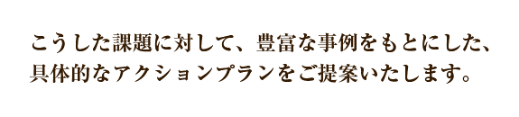 こうした課題に対して、豊富な事例をもとにした、具体的なアクションプランをご提案いたします。